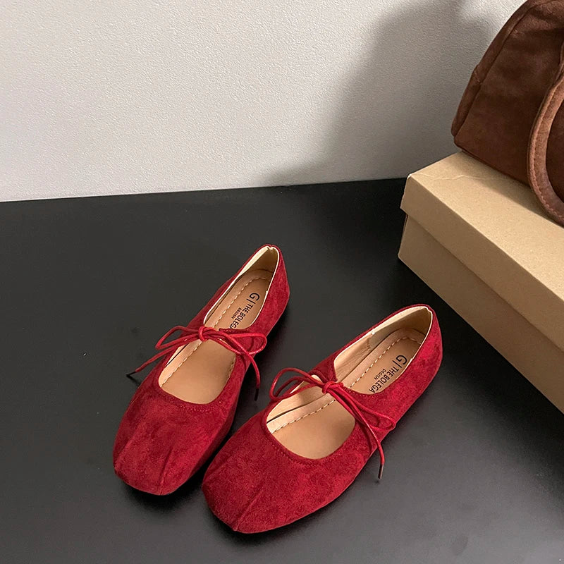 Vintage Aesthetic Crimson Suede Bow Dress Flat