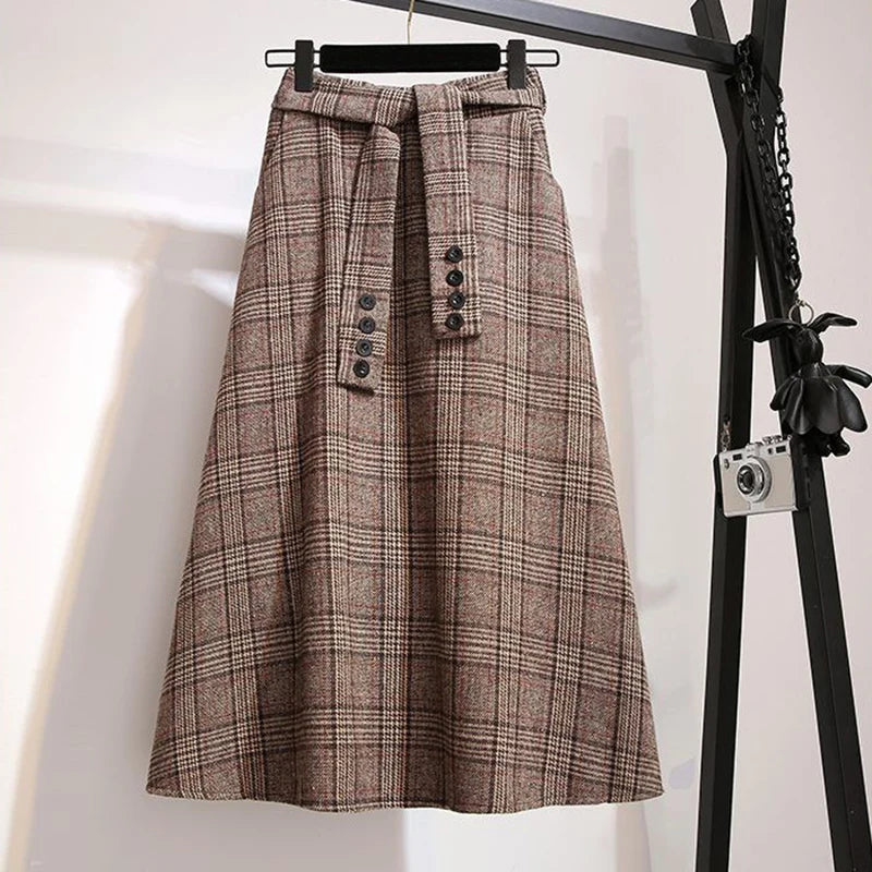 Vintage Plaid Belted Midi Skirt cottagecoreclothes