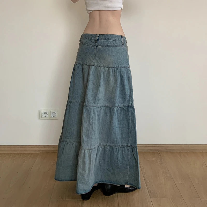 Retro Denim Tiered A-Line Skirt
