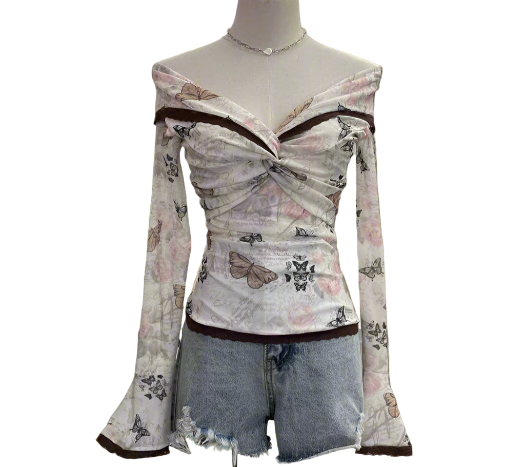 Fairycore Off-Shoulder Floral Mesh Top cottagecoreclothes