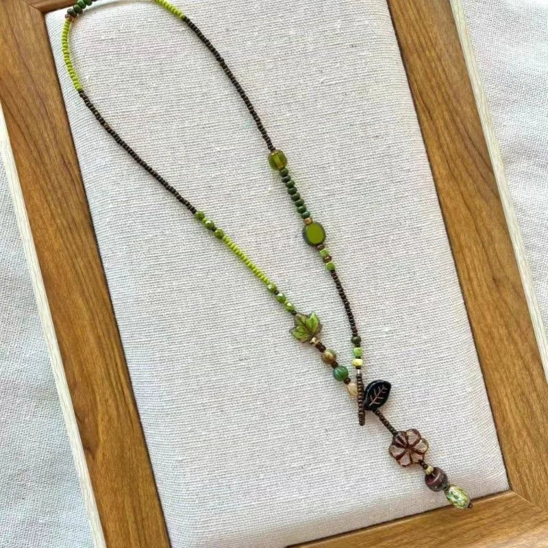 Goblincore Forest Lariat — Leaf & Bloom Beaded Drop Necklace