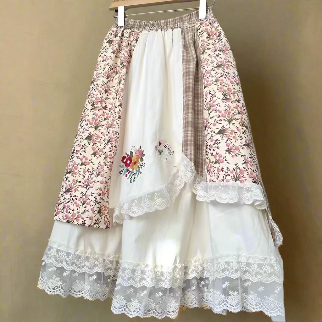 Cottagecore Embroidered Patchwork Lace Skirt cottagecoreclothes