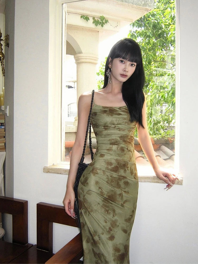 Retro Olive Ruched Floral Maxi Dress