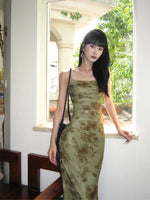 Retro Olive Ruched Floral Maxi Dress