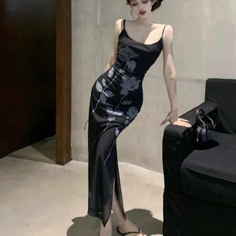 Robe moulante sans manches à imprimé rose Gothiccore