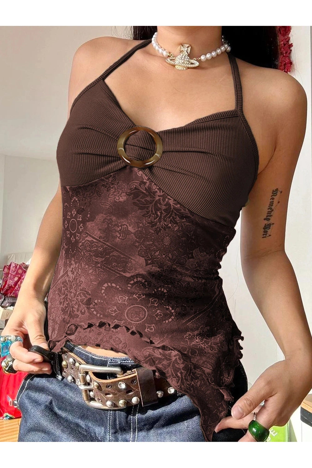 Vintage Print Mesh Crop Top cottagecoreclothes