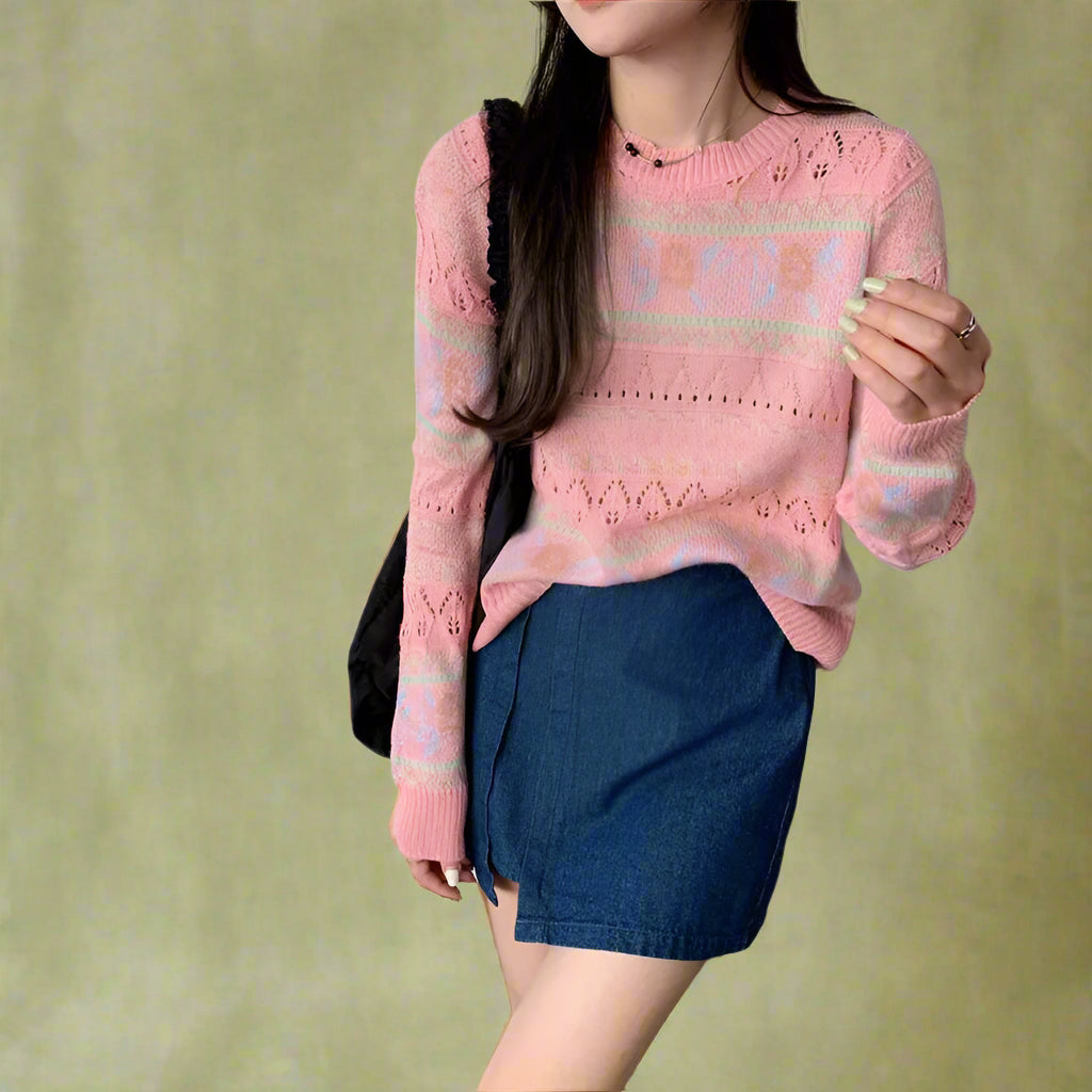 Vintage Eyelet Pattern Long-Sleeve Pullover cottagecoreclothes