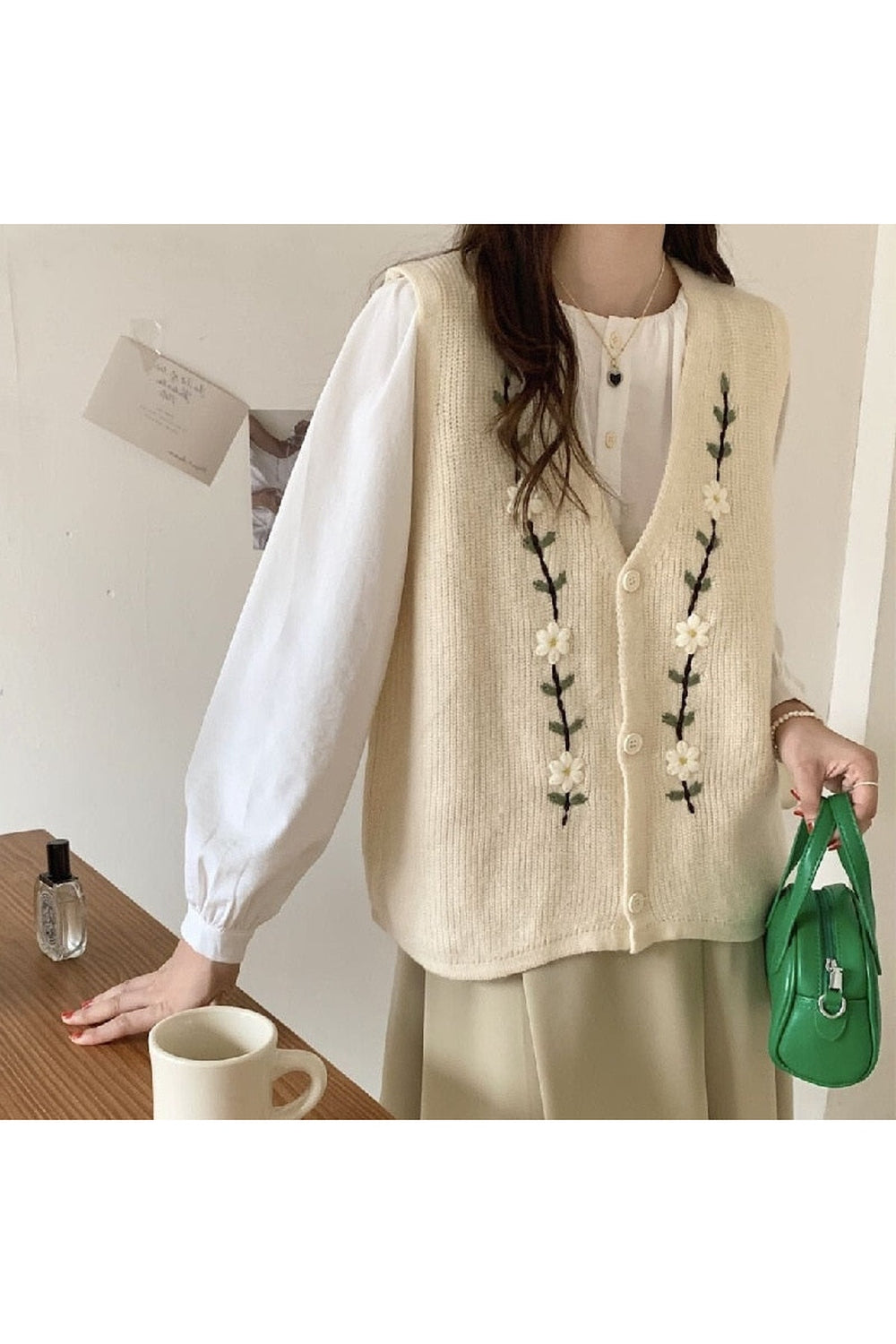 Cottagecore Floral Embroidery Knitted Vest cottagecoreclothes