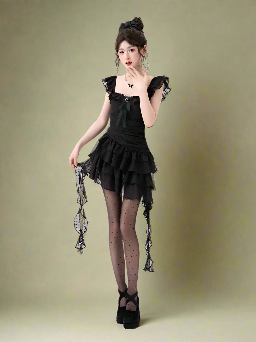 Gothic Lace Tiered Mini Dress cottagecoreclothes
