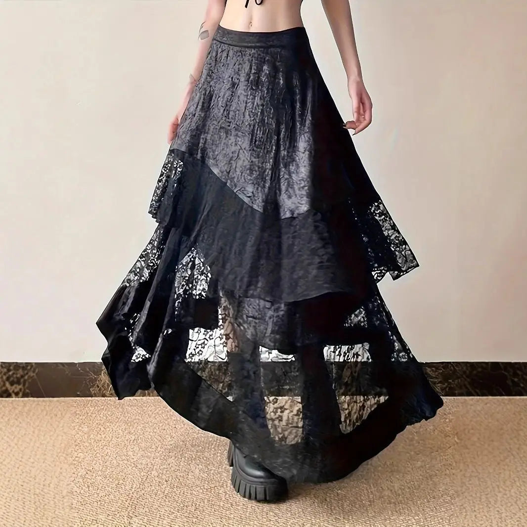 Fairy Grunge Midi Skirt in Midnight Black