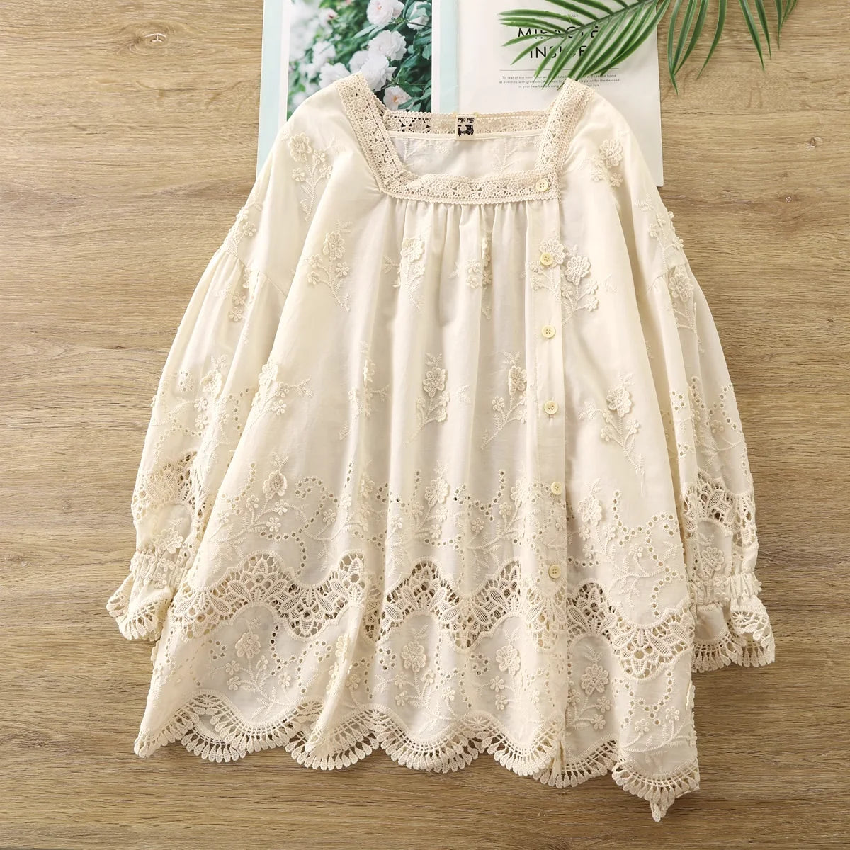 Fairycore Square Neck Lace Embroidered Blouse
