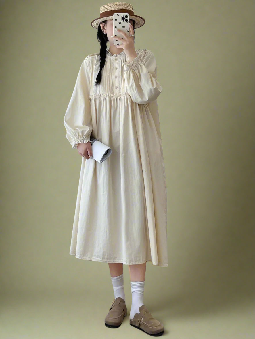 Mori Girl Smocked Babydoll Midi Dress cottagecoreclothes