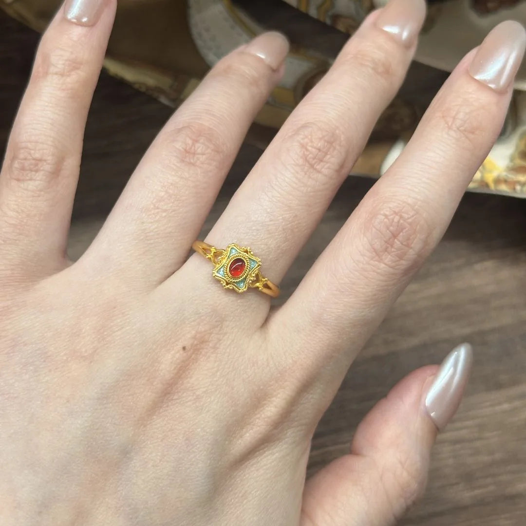 Vintage Aesthetic Crimson Cabochon Enamel Gold Ring