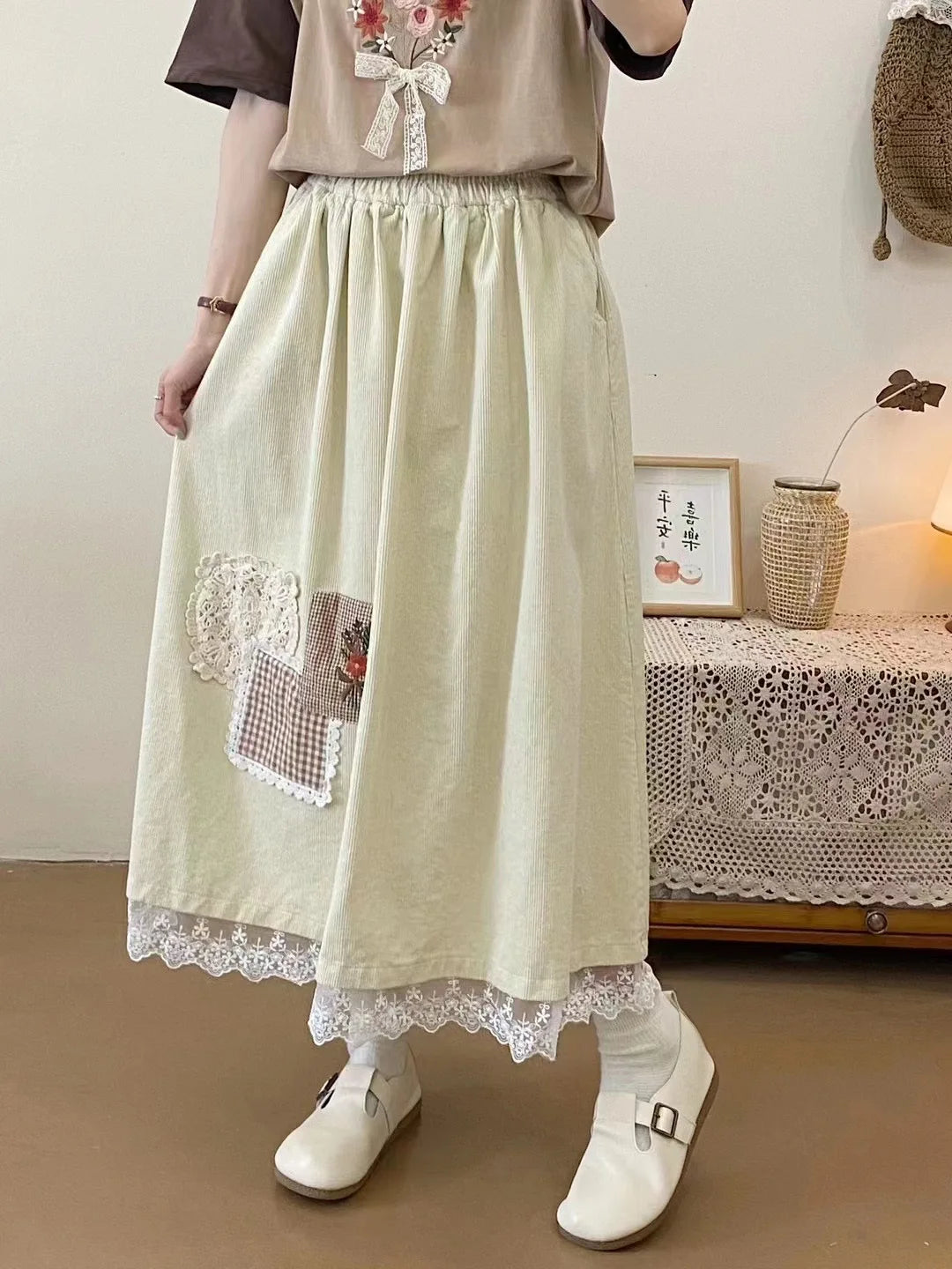 Mori Girl Patchwork Lace Hem Skirt cottagecoreclothes