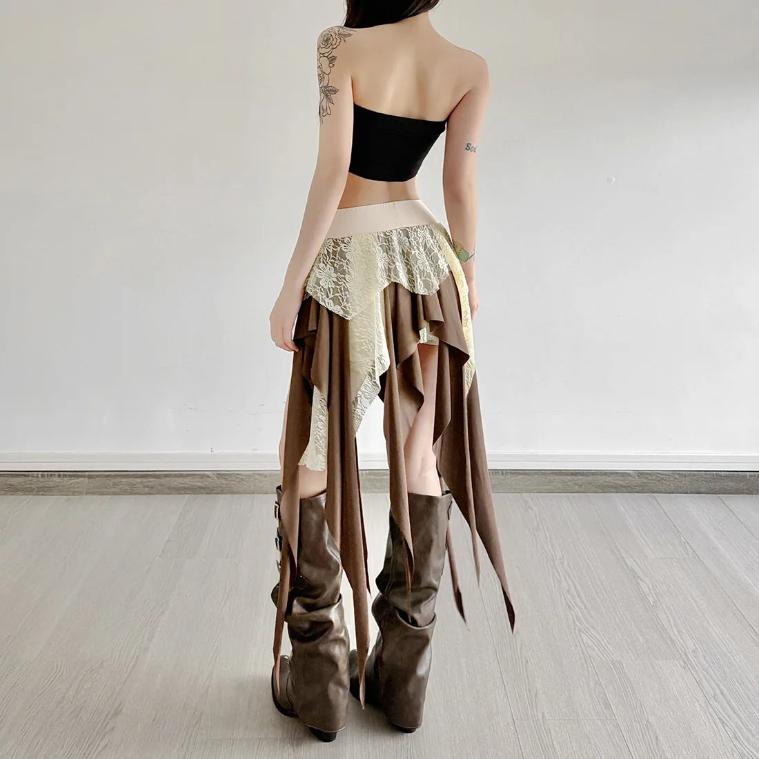 Jupe Courte Asymétrique Hotsweet Girl en Dentelle à Franges Y2K Esthétique Cyber Grunge Vintage Années 90 Fée Coquette