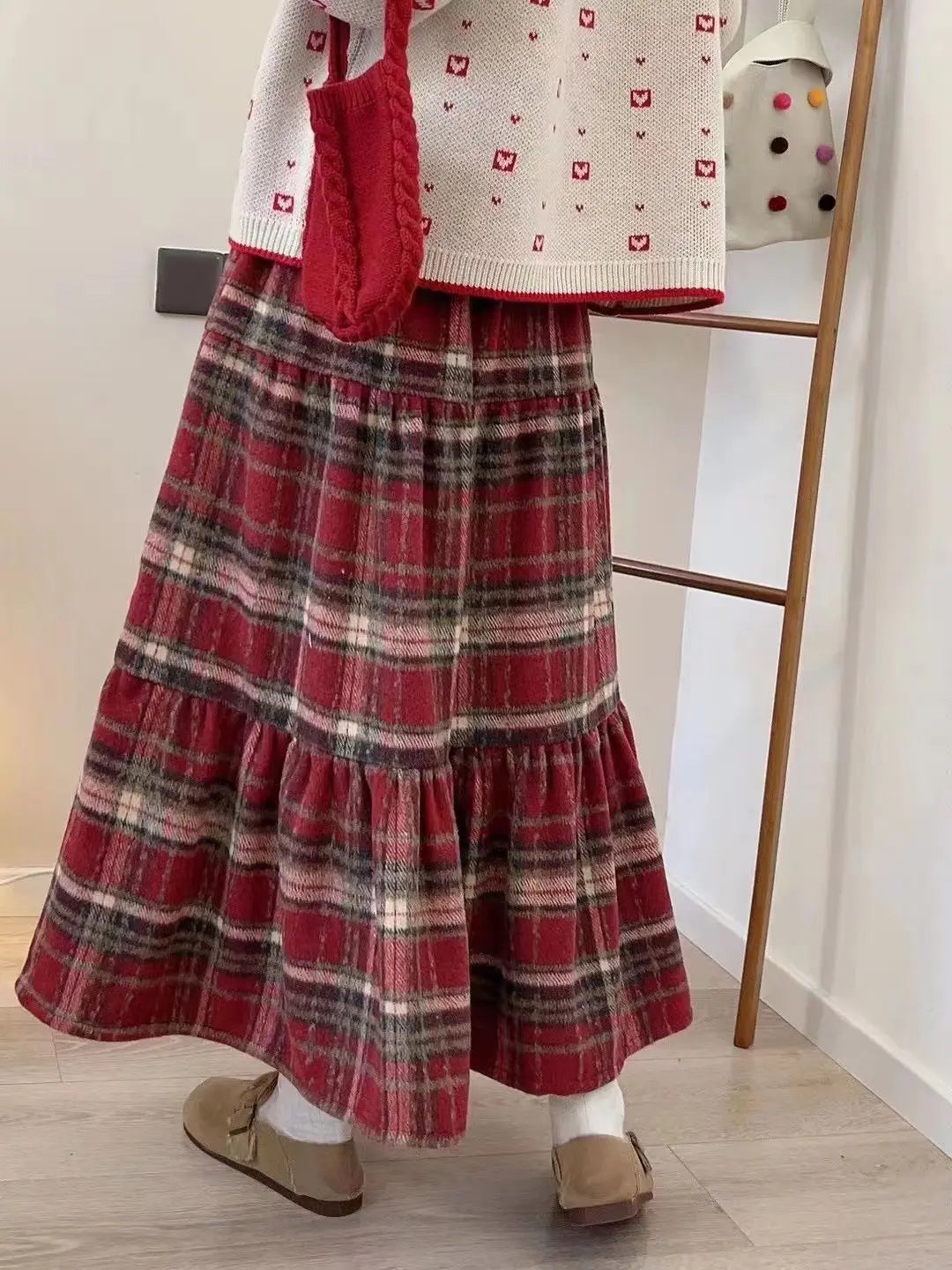 Mori Girl Red Plaid Tiered Skirt cottagecoreclothes