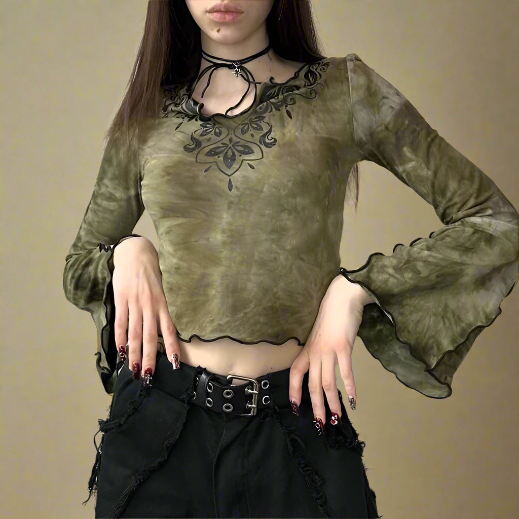 Goblincore Mystical V-Neck Bell Sleeve Top cottagecoreclothes