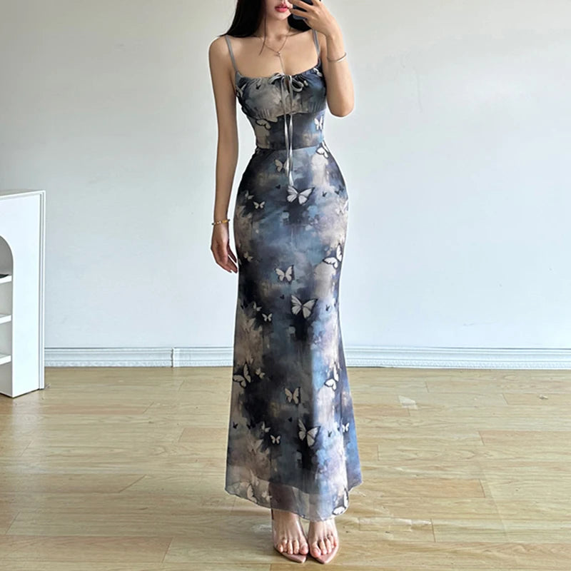 Fairycore Butterfly Print Bodycon Maxi Dress