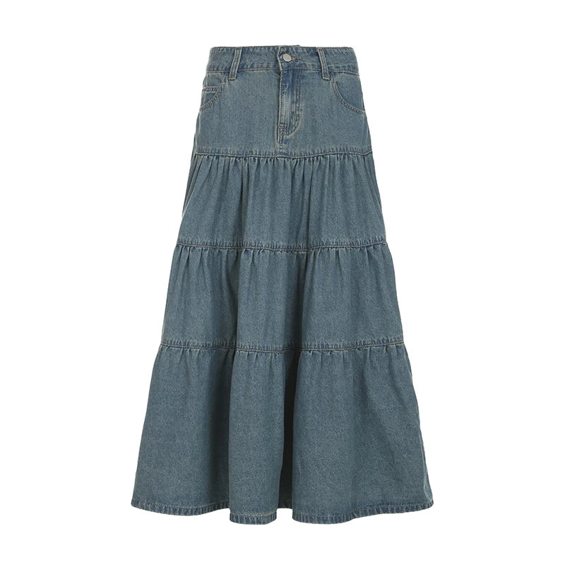 Retro Denim Tiered A-Line Skirt