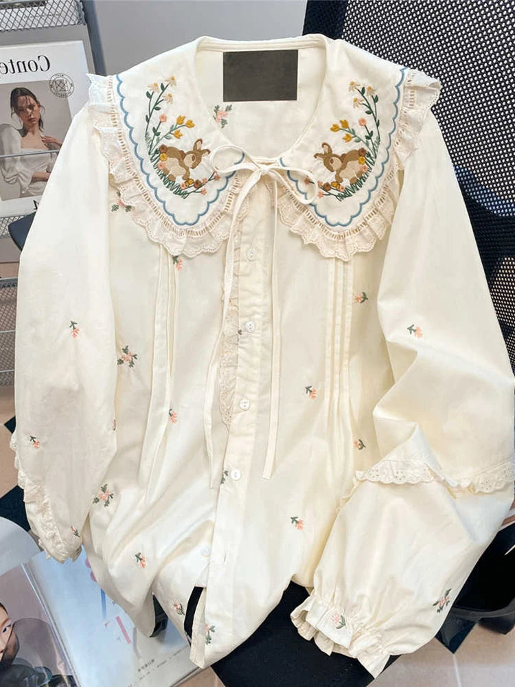 Mori Girl Meadow Bunny Embroidered Blouse