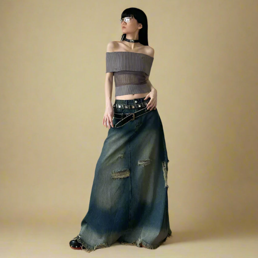 Grunge Distressed Dark Denim Maxi Skirt cottagecoreclothes
