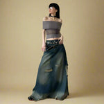 Grunge Distressed Dark Denim Maxi Skirt cottagecoreclothes