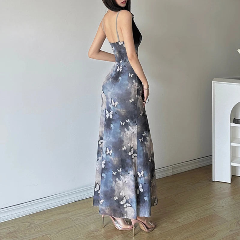 Fairycore Butterfly Print Bodycon Maxi Dress