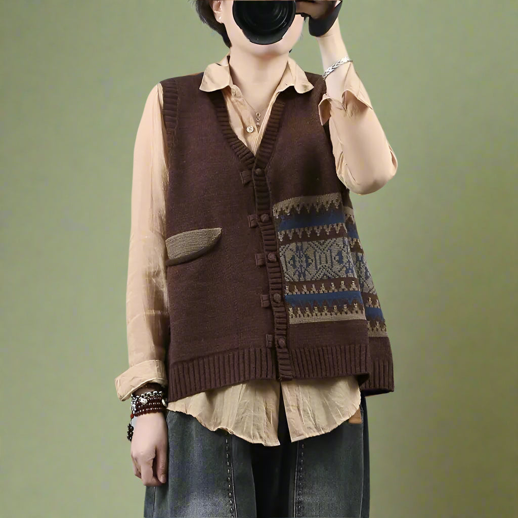 Vintage Folk Style Pocketed Sweater Vest cottagecoreclothes