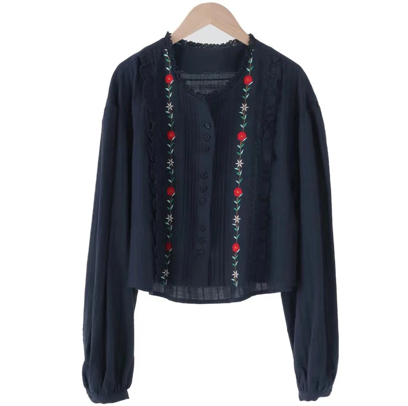 Mori Girl Floral Trim Boho Shirt