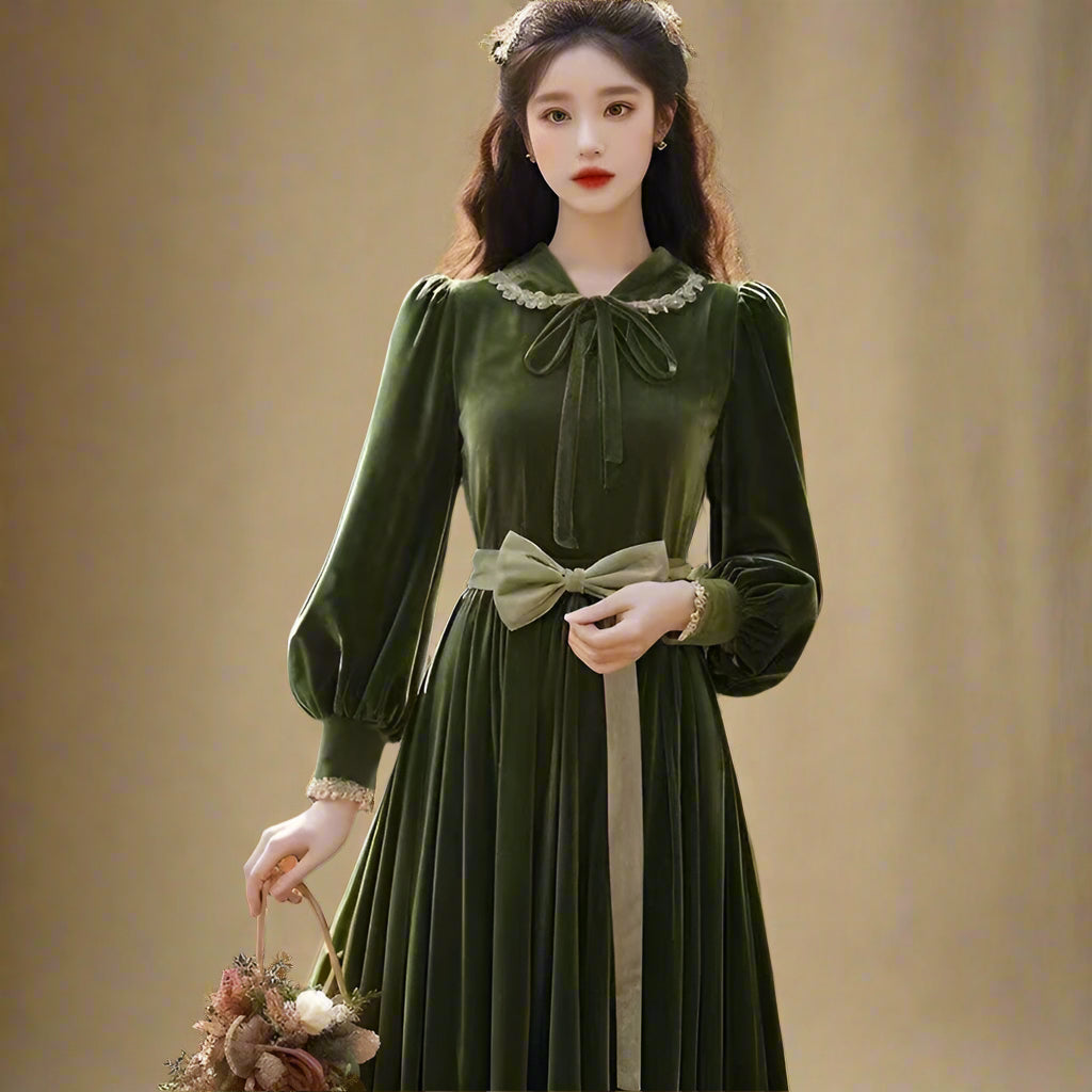Vintage Velvet Bow-Tied Maxi Dress cottagecoreclothes