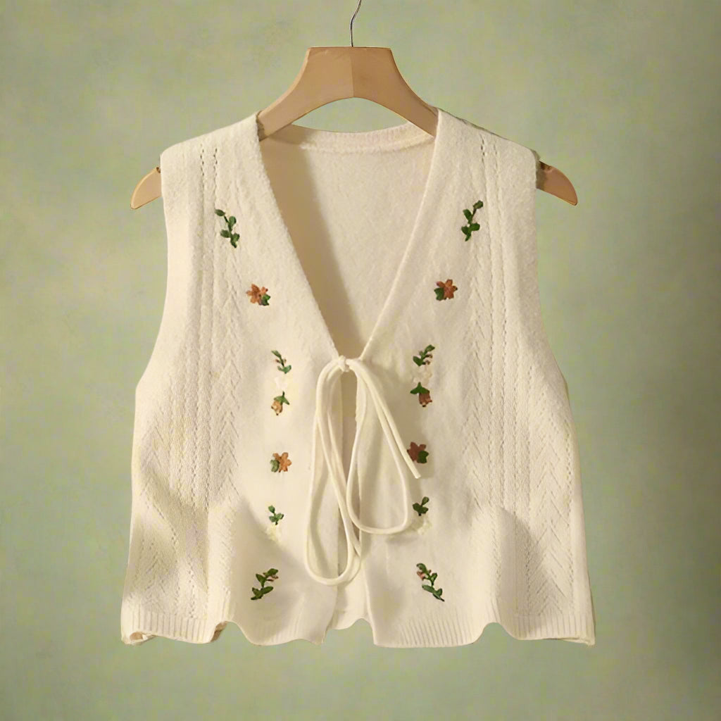 Cottagecore Tie-Front Floral Embroidered Knit Vest cottagecoreclothes
