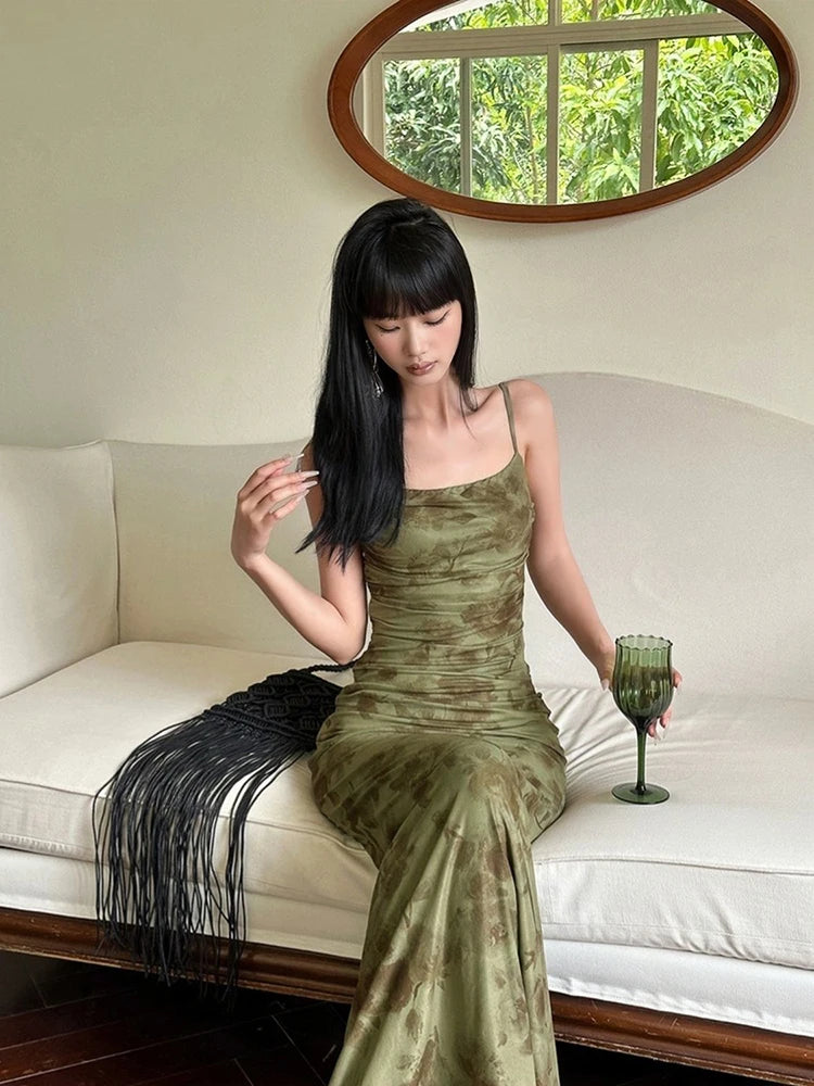 Retro Olive Ruched Floral Maxi Dress