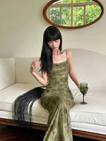 Retro Olive Ruched Floral Maxi Dress