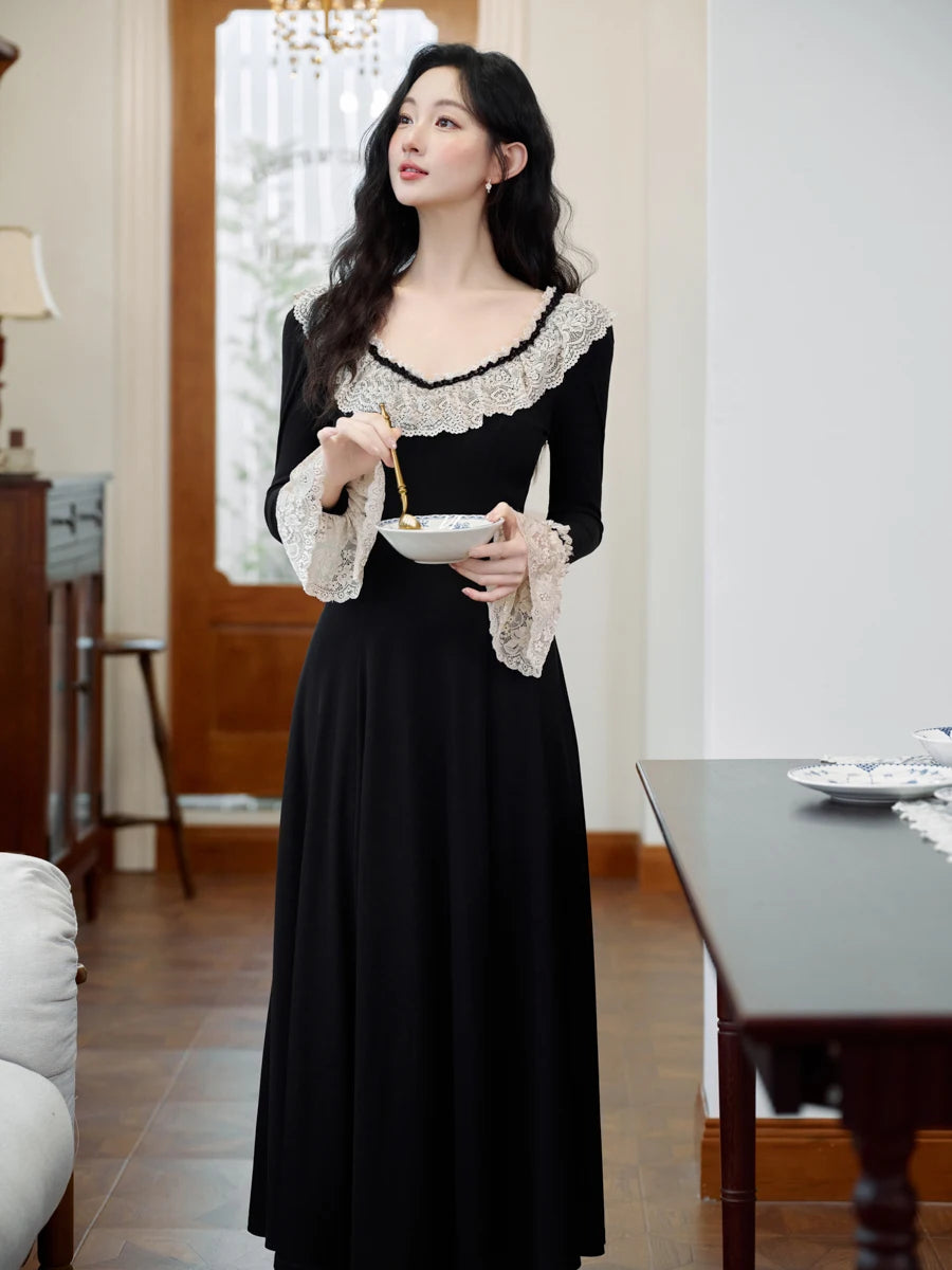 Dark Cottagecore Lace Collar Flare Sleeve Dress