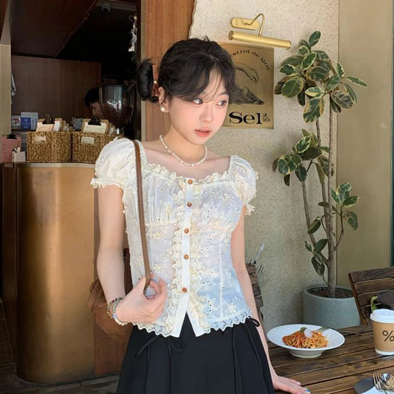 Cottagecore Eyelet Lace Puff Sleeve Blouse