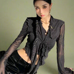 Fairycore Ruffled Tie-Front Sheer Blouse cottagecoreclothes