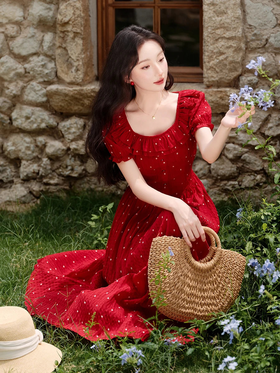 Cottagecore Dotted Ruffle Midi Dress