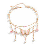 Fairycore Pink Butterfly Pearl Necklace