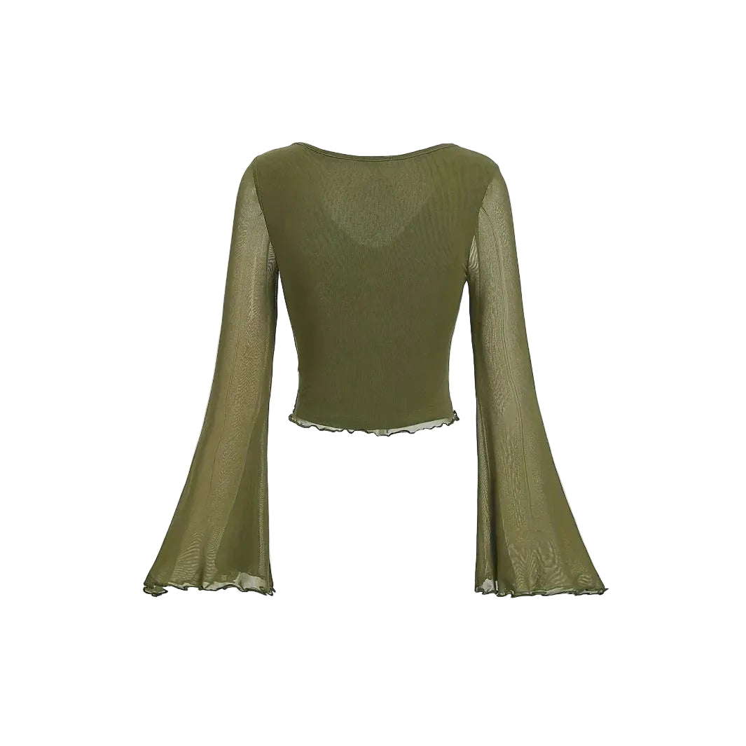 Fairycore Moss Ribbon Mesh Bell Sleeve Crop Top