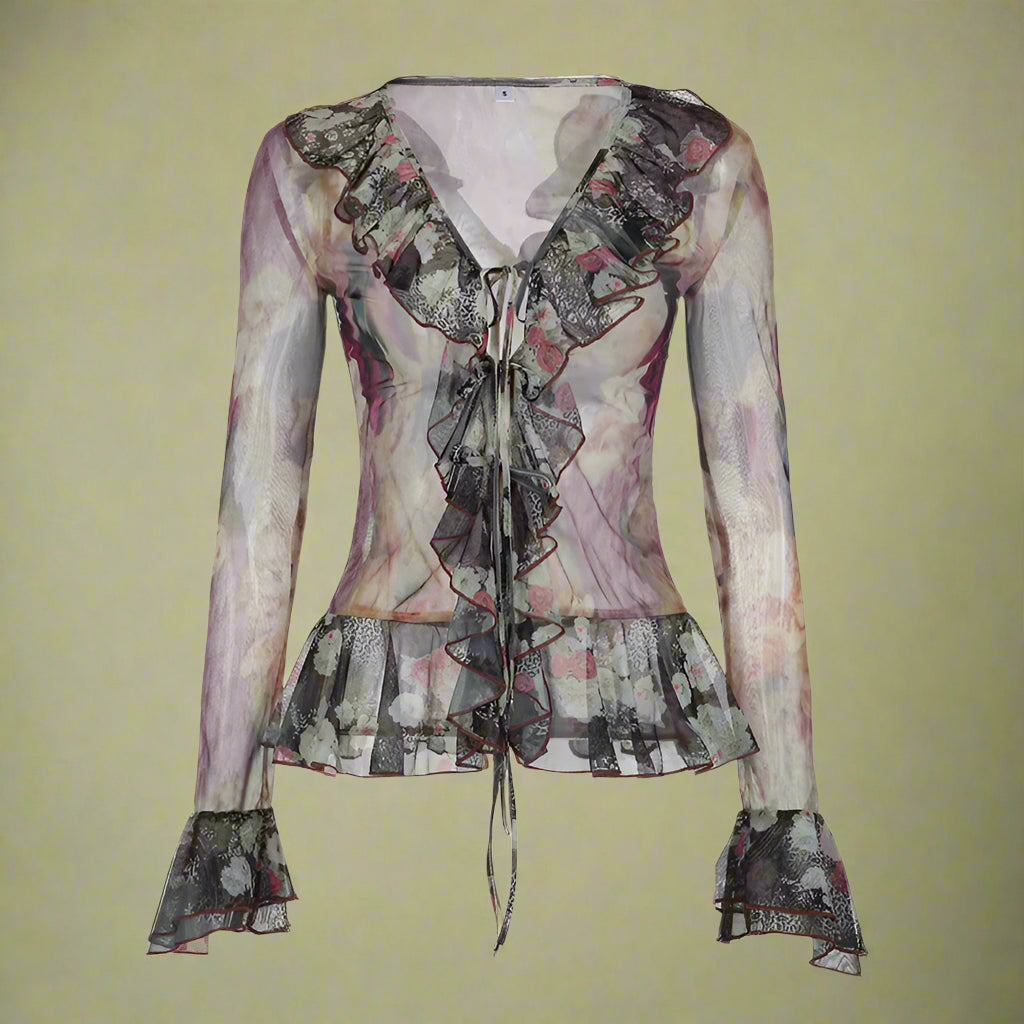 Fairygrunge Lace-Up Ruffle Blouse cottagecoreclothes