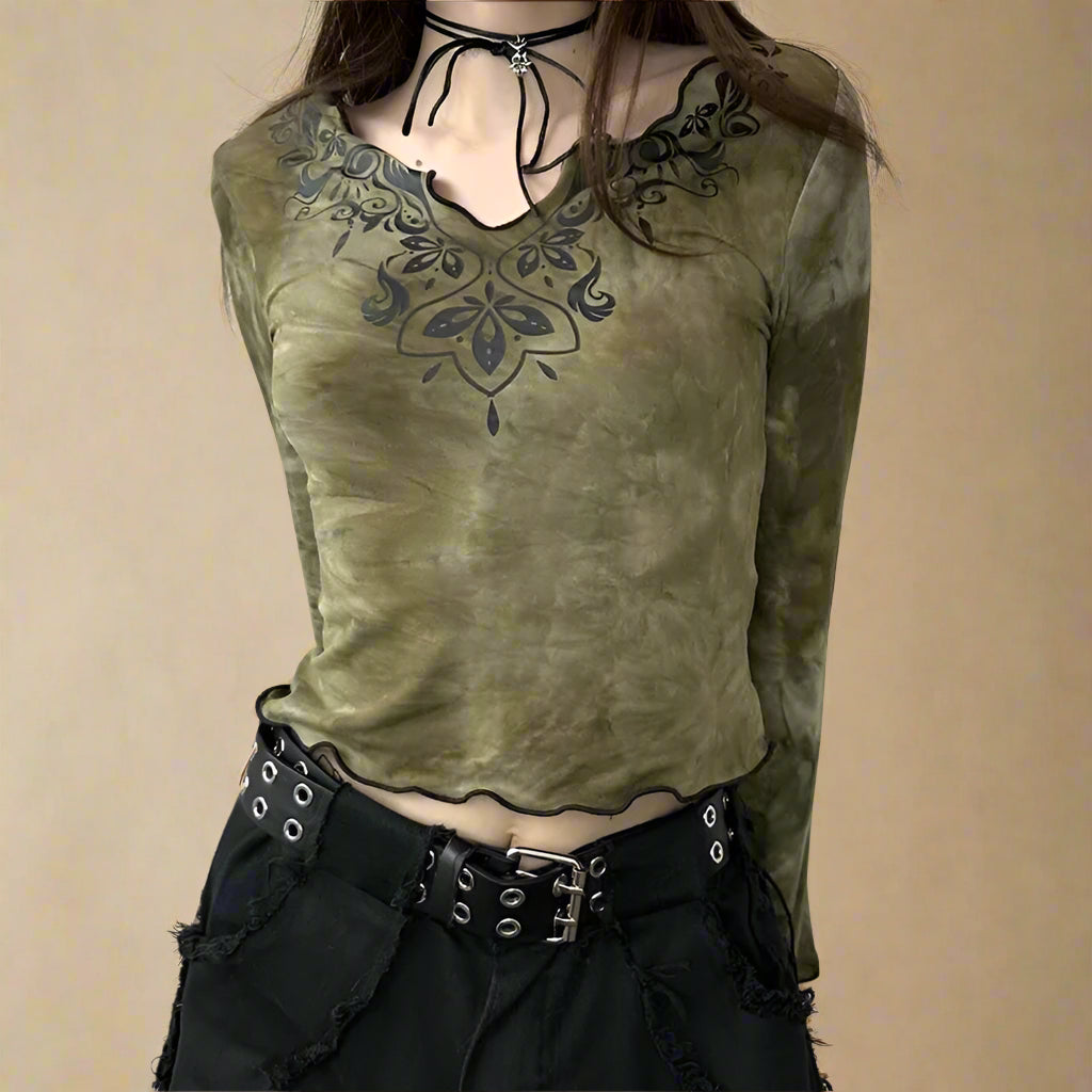 Goblincore Mystical V-Neck Bell Sleeve Top cottagecoreclothes