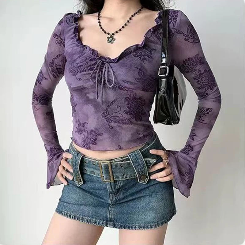 Fairycore Ruffle Bell Sleeve Mesh Top