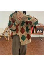 Retro Argyle Knit Fall Cardigan cottagecoreclothes