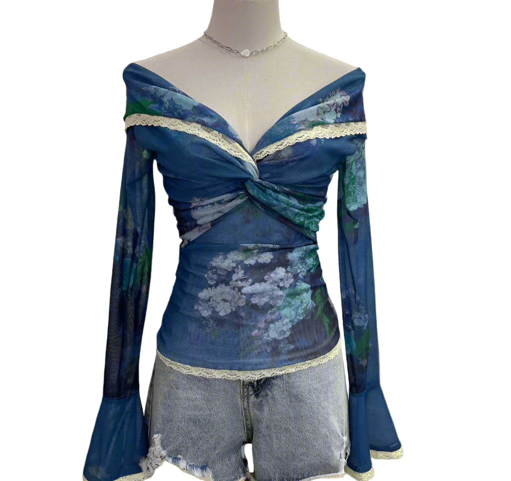 Fairycore Off-Shoulder Floral Mesh Top cottagecoreclothes