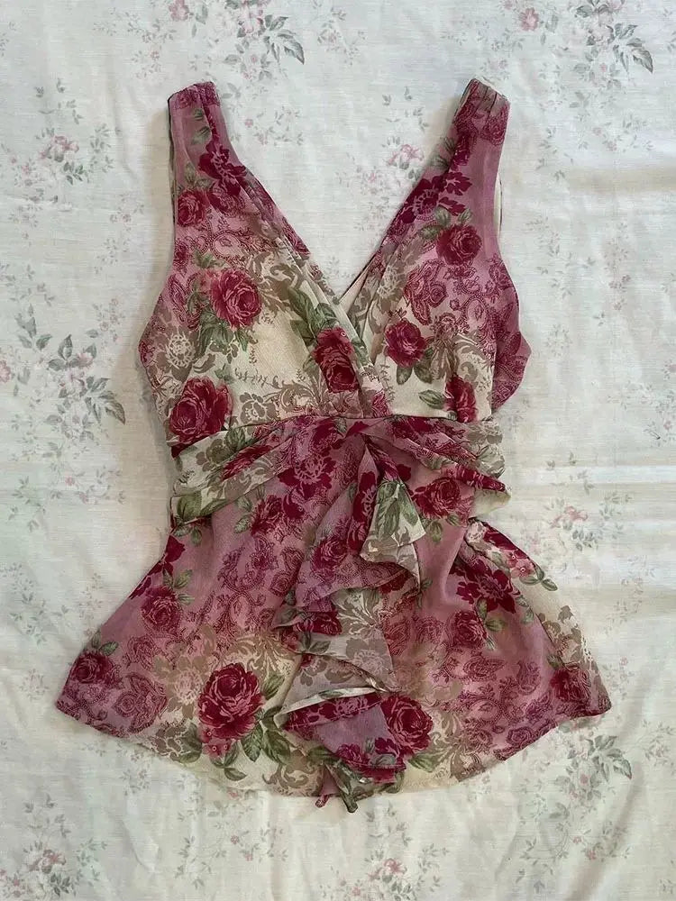 Vintage Rose Wrap Ruffle Top