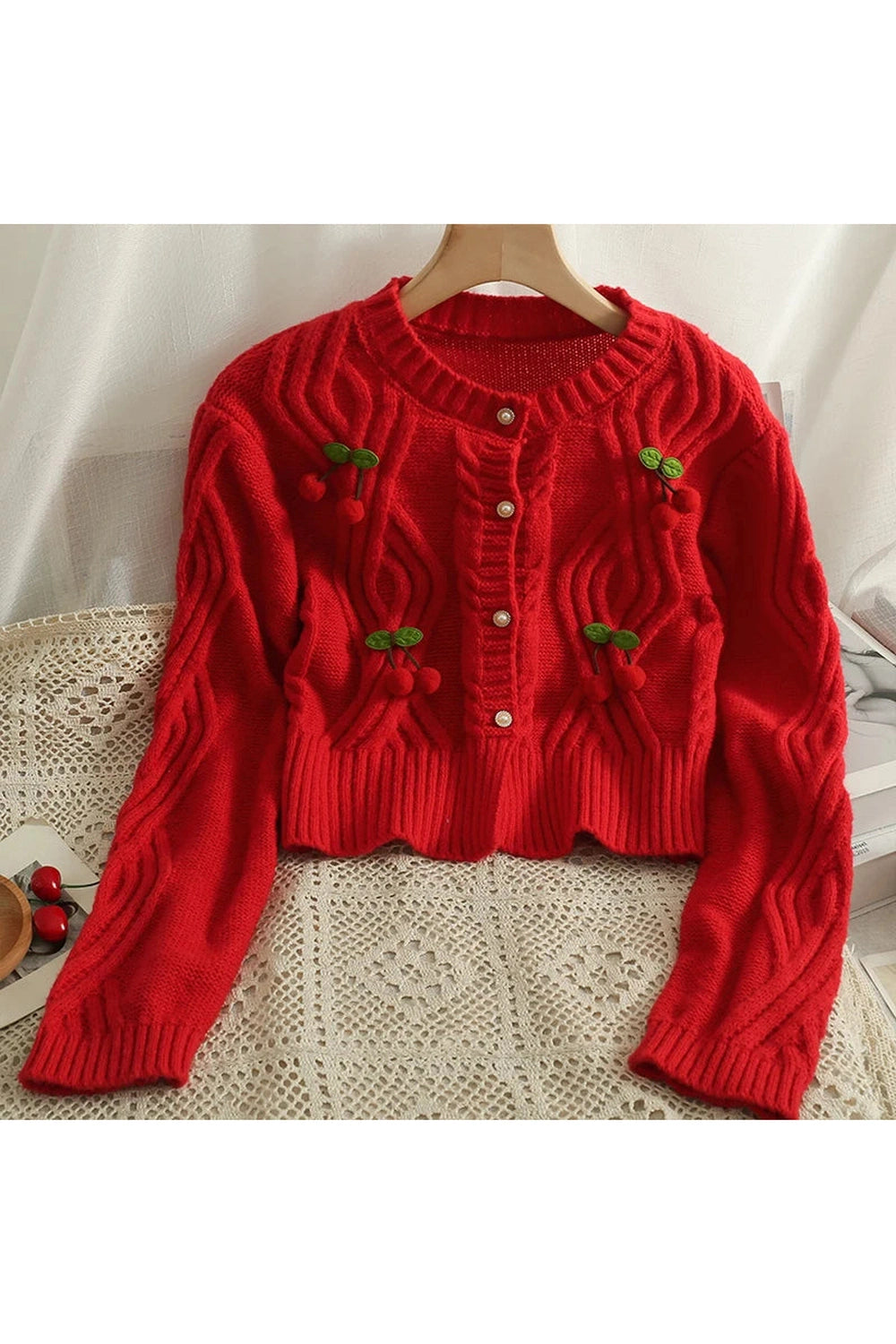 Cherry Cheer Cable Knit Fall Cardigan cottagecoreclothes