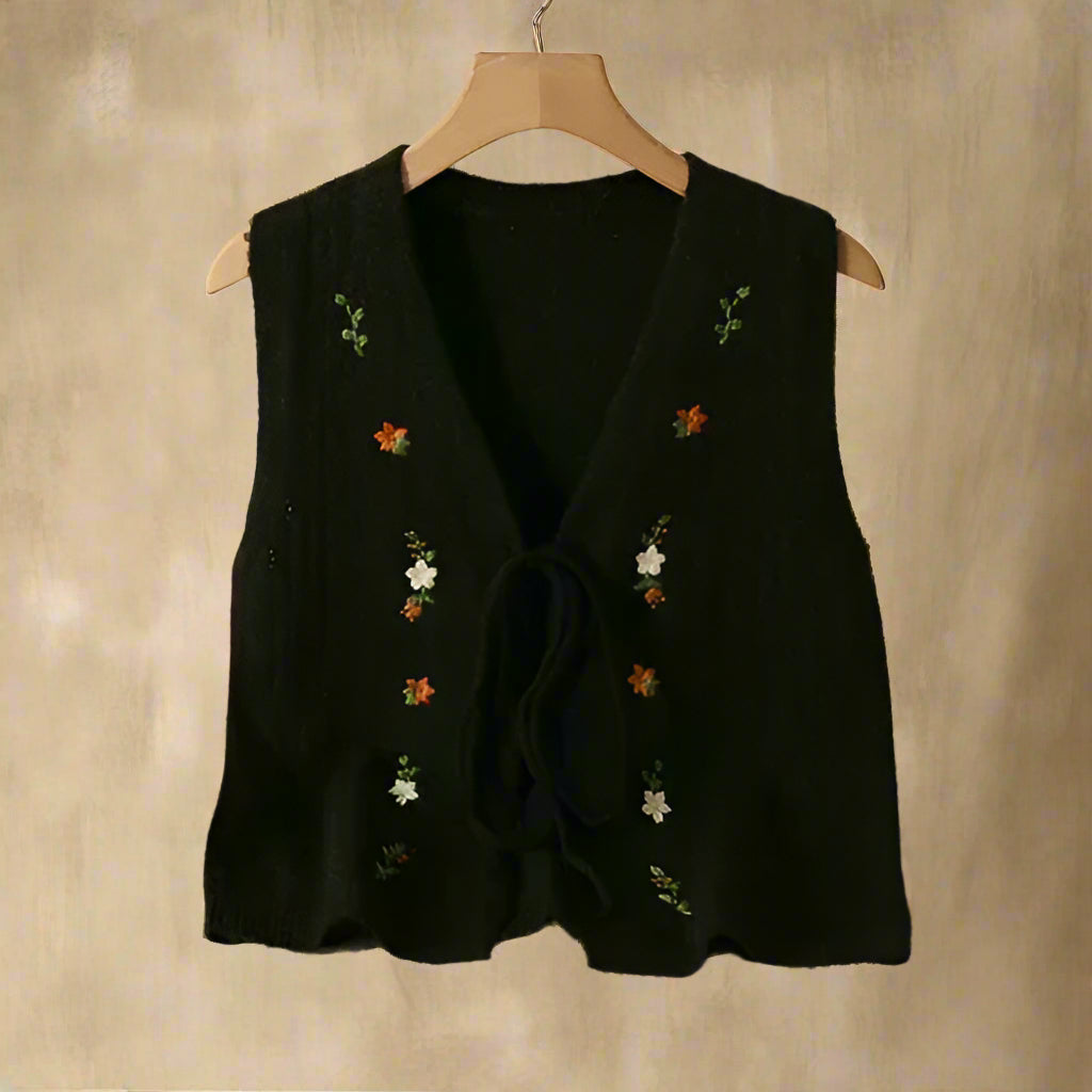 Cottagecore Tie-Front Floral Embroidered Knit Vest cottagecoreclothes
