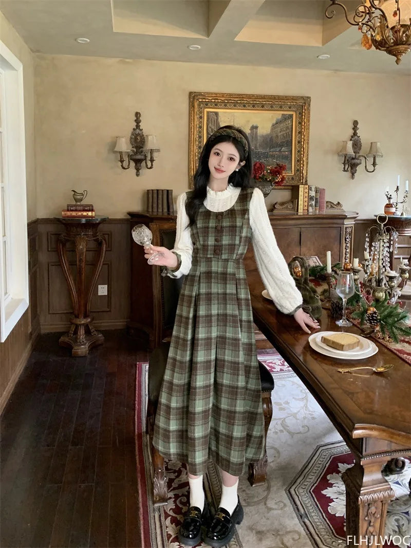 Mori Girl Sage Plaid Midi Dress Set