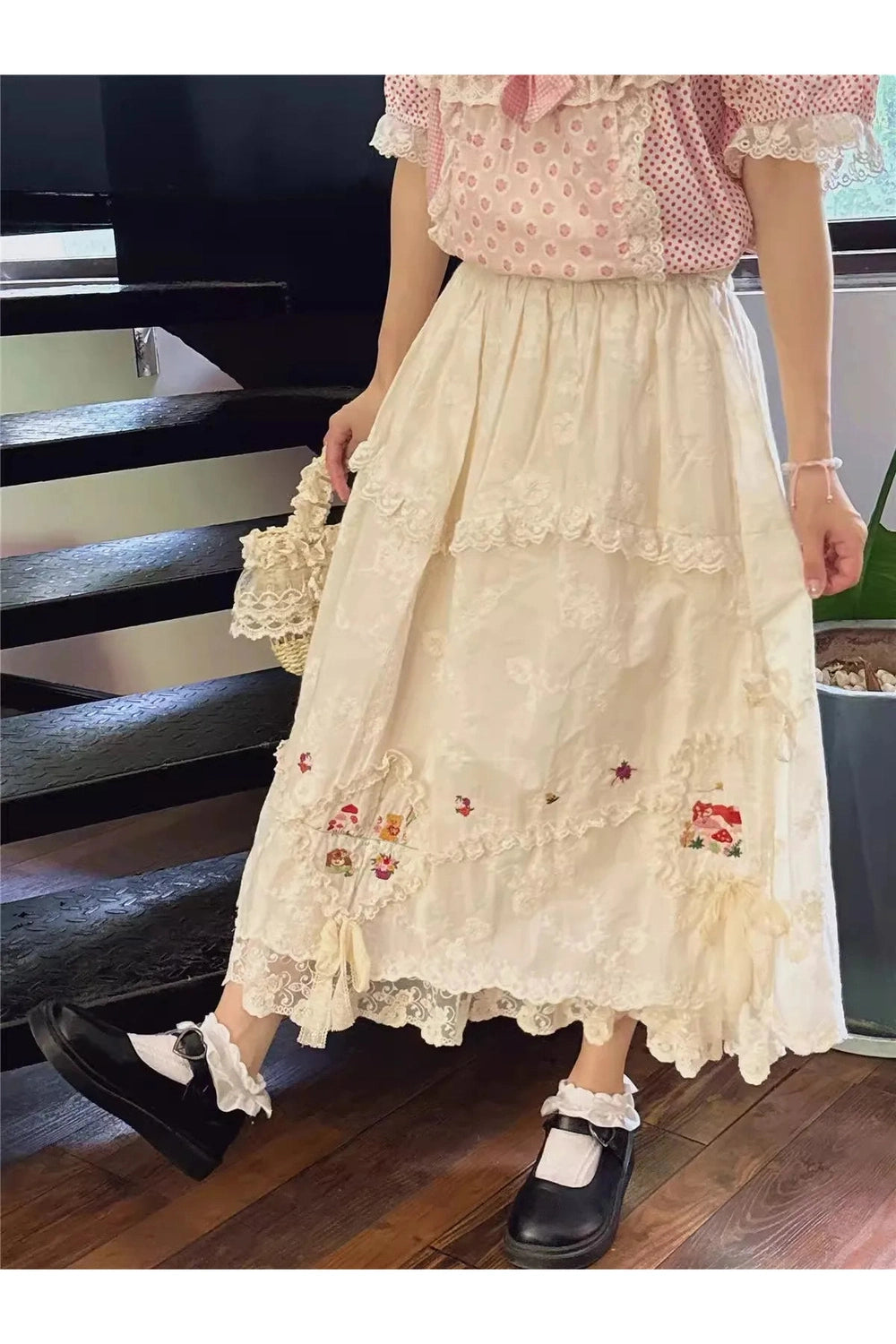 Mori Girl Embroidered Lace Skirt cottagecoreclothes