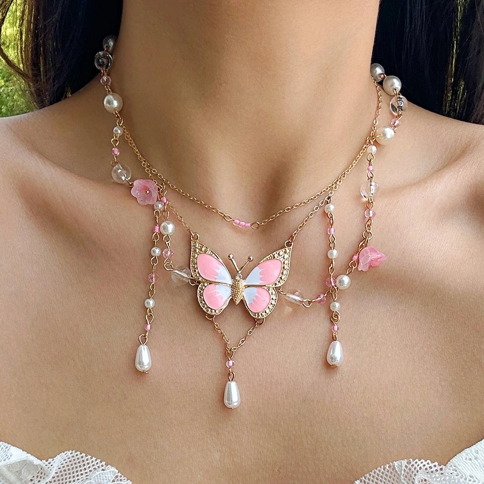 Fairycore Pink Butterfly Pearl Necklace